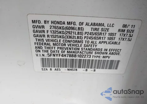 2011 Honda Pilot Ex-L z USA, uszkodzony, nr VIN 5FNYF4H78BB102273
